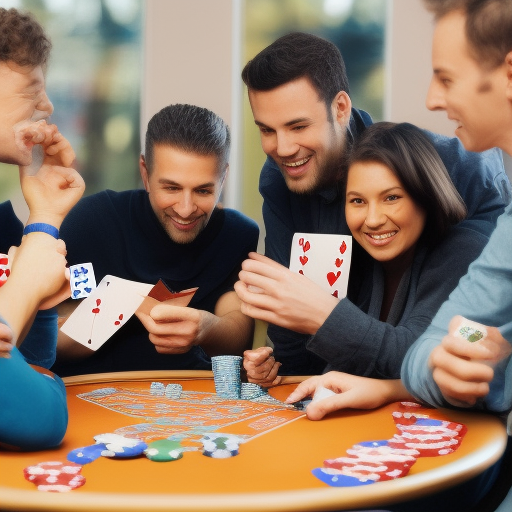 The image shows a group of people playing a game of draw poker around a table. The players are smiling and appear to be enjoying themselves. The chips and cards in front of them suggest that the game is in full swing. The image conve