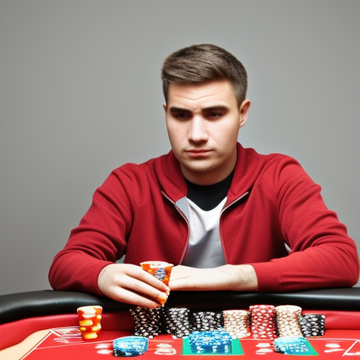 The image shows a professional poker player sitting at a table, surrounded by chips and cards. The player is focused and determined, with a serious expression on their face. The image conveys the intensity and skill required to be a successful poker player