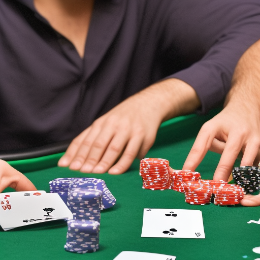 The image shows a poker player studying their opponent's betting patterns, intently looking at the cards in their hand and the chips on the table. The player is focused and determined to identify any patterns that may give them an advantage in the game