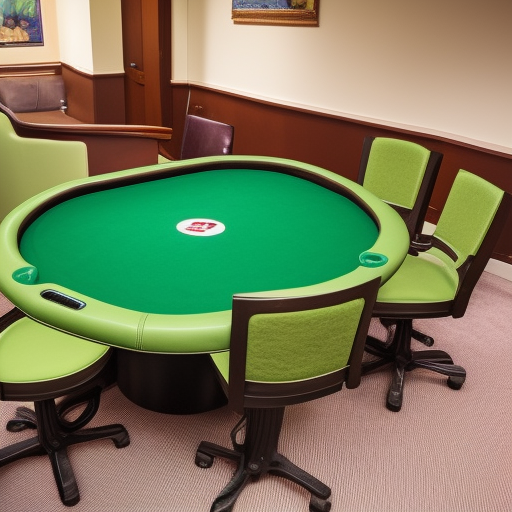 The image shows a poker table with four chairs around it, each with a cup holder and chip tray. The table is covered with a green felt and has a dealer's chip tray in the center. The chairs are upholstered in