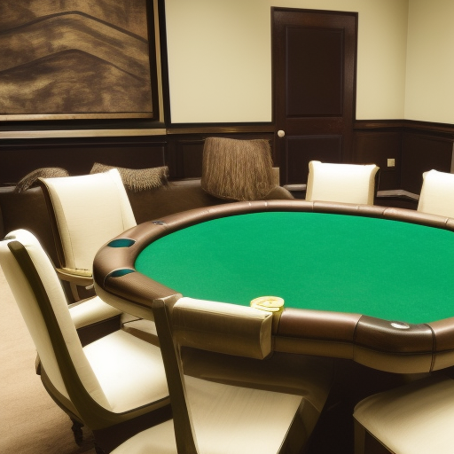 

An image of a luxurious poker table with a green felt top, surrounded by comfortable chairs with armrests, and a set of chips and cards in the center. This image illustrates the perfect setup for a home poker game, with a high