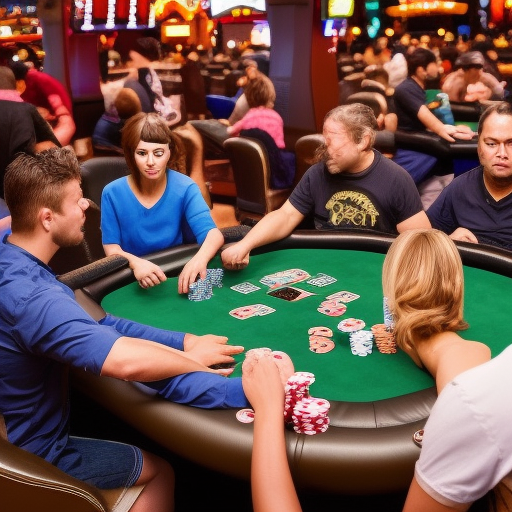 

The image shows a large crowd of people gathered around a poker table in a casino, with the players in the middle of a tense game. The atmosphere is electric, and the stakes are high. The image captures the excitement of the biggest poker