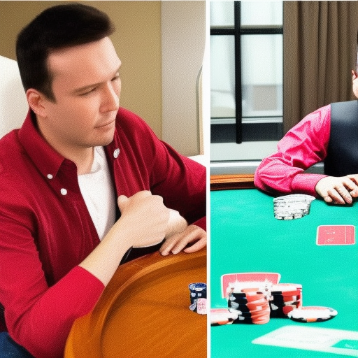 The image shows two people playing poker, one in person and one online. The image illustrates the differences between playing poker online and playing it in person, highlighting the advantages and disadvantages of each version.
