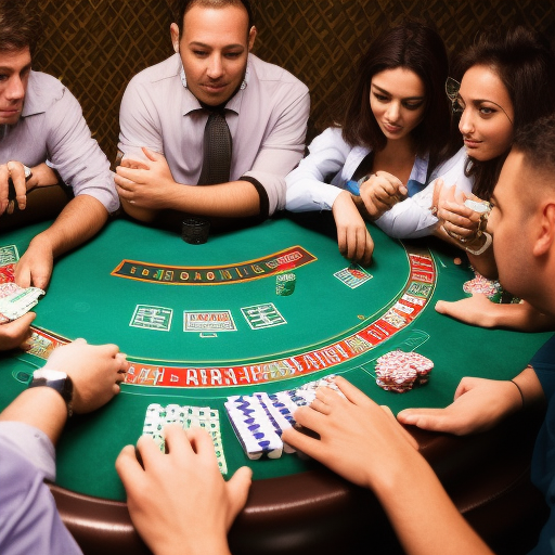 The image shows a group of people gathered around a poker table in a casino, with chips and cards in front of them. The players are focused on the game and appear to be strategizing, indicating that they are trying to come up with