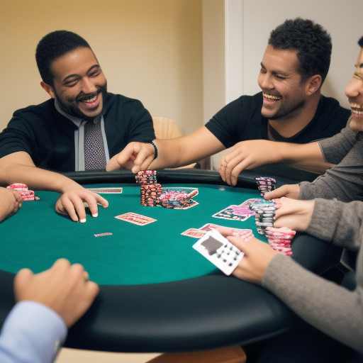 The image shows a group of people gathered around a poker table, with chips and cards in front of them. The people are smiling and laughing, suggesting that they are having a great time playing poker. The image conveys the fun and excitement