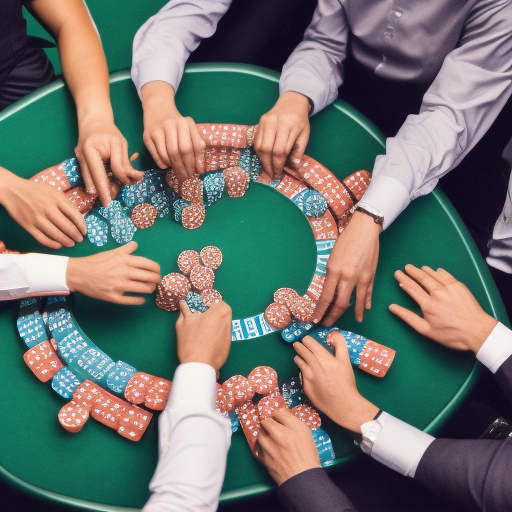 An image of a poker table with four players seated around it, each with a stack of chips in front of them. The players are in the middle of a hand, with two players having already placed their pre-flop bets. The