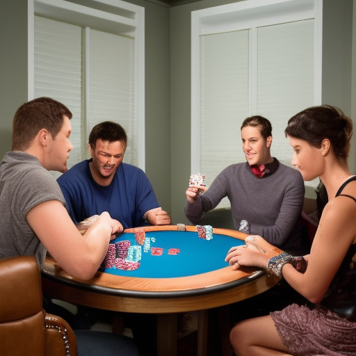 An image of a group of friends gathered around a poker table in a living room, enjoying snacks and drinks while playing cards. The image illustrates a guide to hosting a home poker event, showing that it can be a fun and social experience.