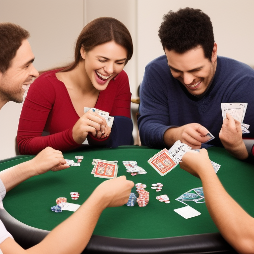 The image shows a group of people playing a game of poker around a table. They are smiling and laughing, enjoying the game. The chips and cards on the table indicate that they are playing a round of Texas Hold'em, one of
