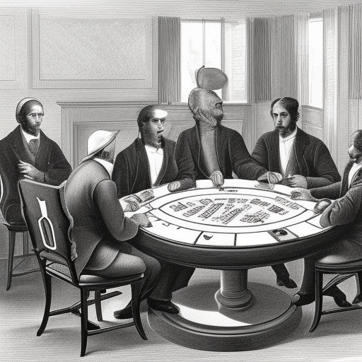 The image shows a group of people playing a game of poker. The players are gathered around a table, with cards and chips in front of them. The image conveys the idea of the long history of the game of poker, and the