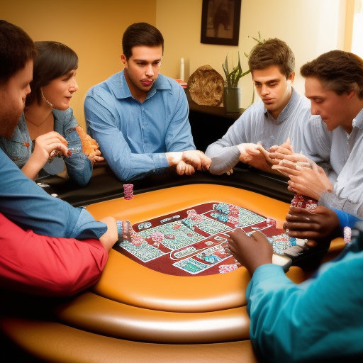 An image of a group of people playing Texas Hold'em poker around a table. The players are all focused on their cards and the chips in the middle of the table. The image shows the excitement of the game and the strategy involved in