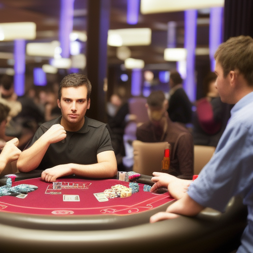The image shows a poker player with a thoughtful expression on their face, studying the other players at the table. They appear to be carefully observing their opponents' body language and facial expressions, looking for any "tells" that might give away