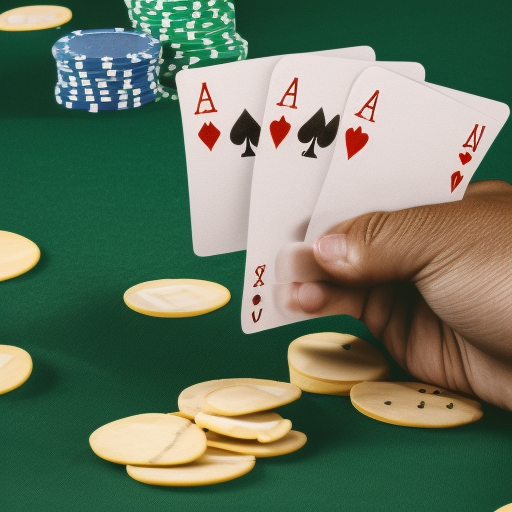 The image shows a person sitting at a poker table with a stack of chips in front of them, looking intently at the cards in their hand. The person is using their knowledge of math and probability to make the best decision possible in order