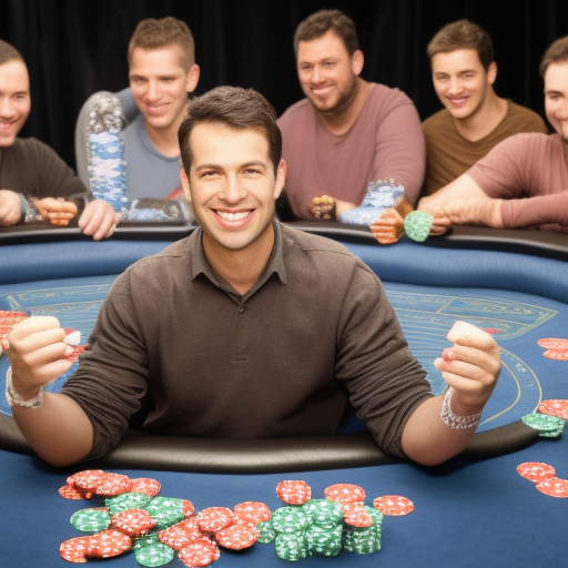 The image shows a man in a poker tournament, confidently smiling as he holds up a large stack of poker chips. He is surrounded by other players who appear to be in awe of his success. The image conveys the idea that with the