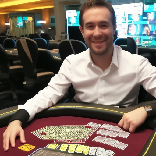 A picture of a smiling professional poker player sitting at a poker table with a stack of chips in front of him. He is wearing a black suit and a white shirt, and has a confident expression on his face.