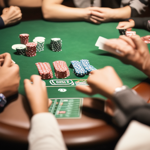 This image shows a group of people playing a game of poker around a table. The players are engaged in a tournament, with chips and cards in front of them. The atmosphere is competitive and intense, with each player focused on their hand and