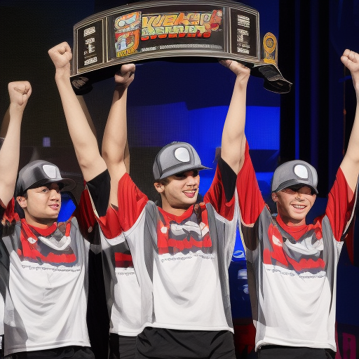This image shows a group of four professional esports players standing in front of a large crowd, celebrating their victory in a recent tournament. They are wearing their team jerseys and holding up their trophies, showing off their success. The image conveys the