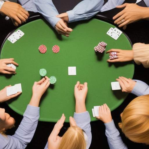 The image shows a group of four people playing a game of poker around a green felt-covered table. The players are all focused on their cards, and the chips in the center of the table indicate that the game is in full swing.