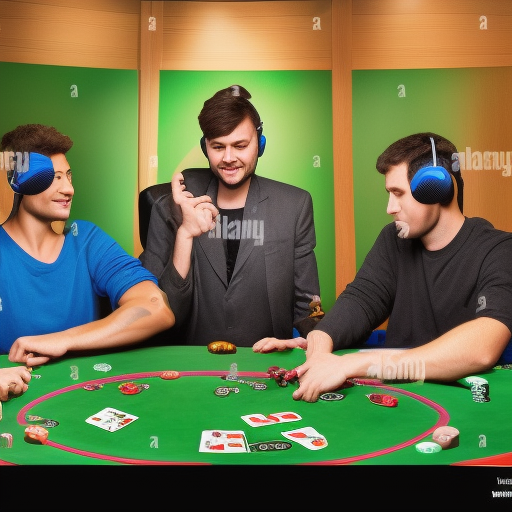 The image shows an online poker table with four players seated around it. The players are wearing headsets and are engaged in a game of poker. The table is surrounded by a green background, suggesting the virtual nature of the game. The image conve