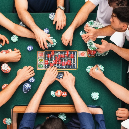 

The image shows a group of poker players around a table, each with chips in front of them. The players are in the middle of a post-flop betting round, with one player making a bet and the others considering their options.