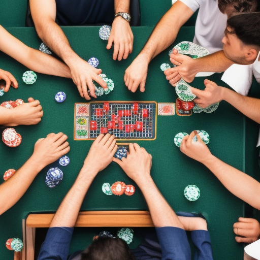 The image shows a group of poker players around a table, each with chips in front of them. The players are in the middle of a post-flop betting round, with one player making a bet and the others considering their options.