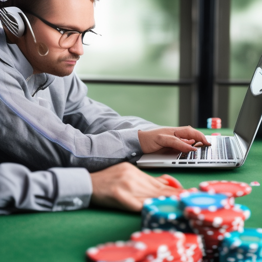 The image shows a person playing online poker on their laptop. They are wearing headphones and have a serious expression on their face, suggesting they are focused on the game. This image illustrates the pros and cons of playing online poker, highlighting the intense