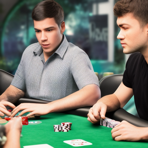 The image shows two poker players, one playing online and the other playing offline. The online player is sitting in front of a laptop and the offline player is sitting at a poker table with other players. The image illustrates the differences between playing online