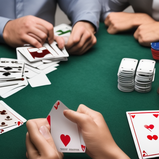 The image shows a man in a poker game, wearing a serious expression and holding a hand of cards. He is surrounded by other players, all of whom are also focused on the game. The image conveys the intense concentration and strategic thinking
