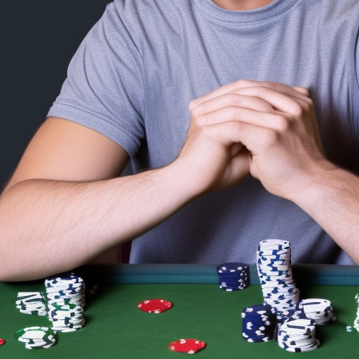 The image shows a poker player with a calm and composed expression on their face, hands folded in front of them. The image conveys the idea of a player who is in control and has strategies in place to remain level-headed and focused