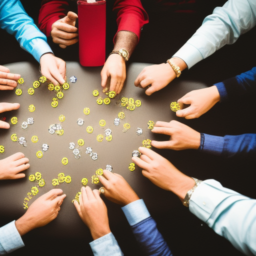 The image shows a group of poker players gathered around a table, each with a different type of poker chip in their hands. The chips represent the different poker variants, and the players are strategizing on how to win at each one. The