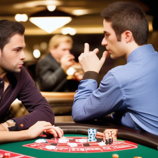 An image of two poker players facing off in a no-limit Texas Hold'em game, both with chips in front of them and intense expressions on their faces. The image illustrates the intense competition and strategic thinking necessary for success in no-