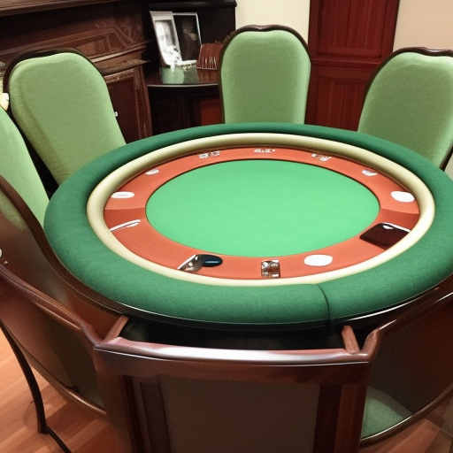 An image of a poker table with four chairs around it, set up in a living room. The table is made of dark wood, with green felt covering the top. The chairs have comfortable cushions and are upholstered in a
