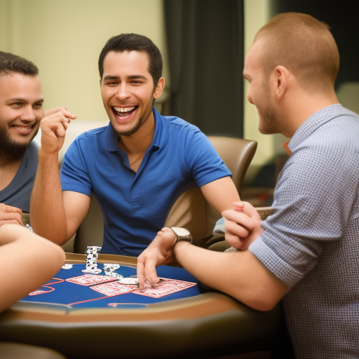The image shows a poker player with a hand of cards, smiling confidently while the other players at the table look surprised. The image conveys the idea that the player has won the game with an unusual hand, demonstrating the importance of strategy and