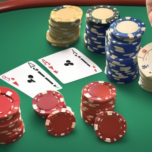 The image shows a poker table with chips of various denominations, with a hand of cards in the center. The chips represent the pot odds and implied odds of a poker game, illustrating the concept of understanding the basics of pot odds and implied odds
